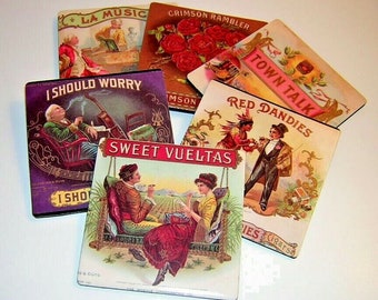 Vintage Arts Set of 6 Assorted Antique Cigar Label Coasters