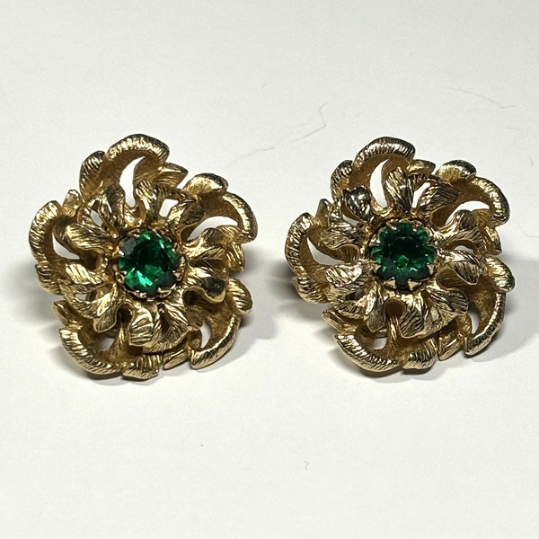 Vintage Napier Clip On Earrings Gold Tone - Center Green Stone Marked Pat Pend