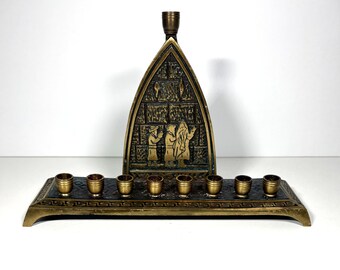 Vintage Menorah Wailing Wall Jerusalem Israel Solid Brass MCM Judaica