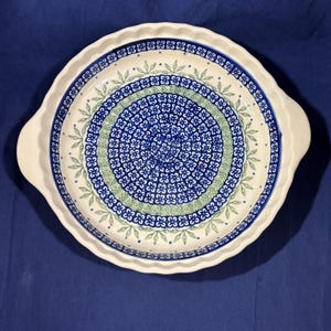 Boleslawiec Polish Pottery Pie Plate / Baking Dish Quiche with Handles and Scalloped Edge 9.5"