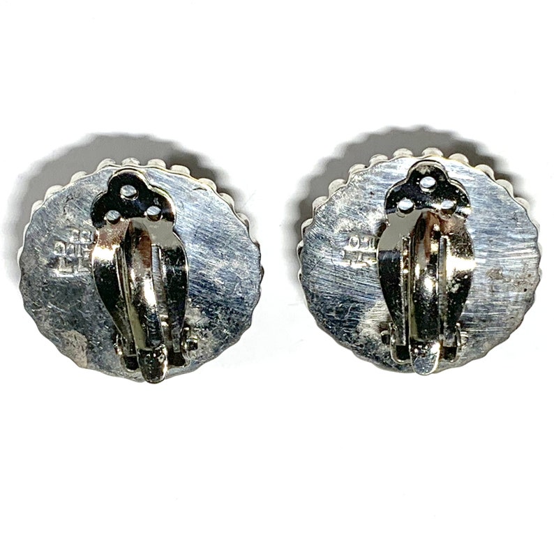 Vintage Taxco Mexico 925 Silver and Onyx Round Clip On Earrings Scroll Edge Sterling
