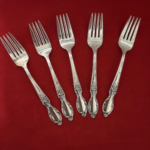 Set of 5 Vintage 1954 Wm Rogers VICTORIAN ROSE Salad Forks Silverplate