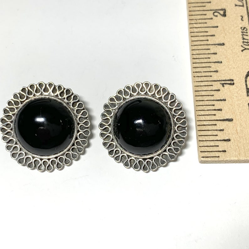 Vintage Taxco Mexico 925 Silver and Onyx Round Clip On Earrings Scroll Edge Sterling