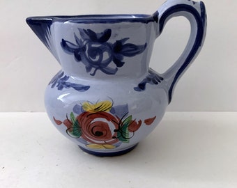 Small Vestal Alcobaca Pitcher Portugal Pottery Hand Painted Blue Floral #548