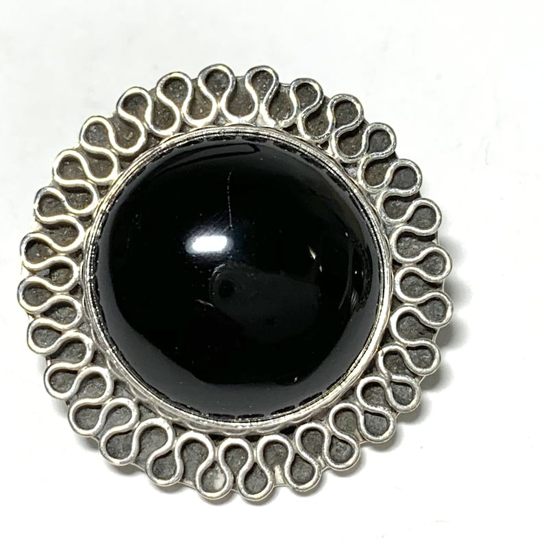 Vintage Taxco Mexico 925 Silver and Onyx Round Clip On Earrings Scroll Edge Sterling