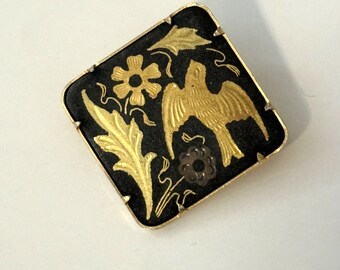Small Square Vintage Damascene Brooch Pin 7/8&quot; Dove Flowers Leaves with Trombone Clasp