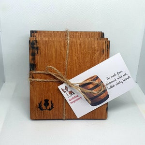 Reclaimed Scotch Whisky Barrel Oak Coasters: Scottish Thistle Silhouette