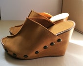 Ladies Women 39 s Tan Suede Studded Mules Shoes Sandals Wedges, High Heel, Size 5 - Handmade in UK
