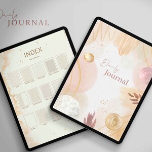 Pode incluir: Dois tablets digitais, um com fundo bege e o texto "Daily Journal" e o outro com fundo bege e o texto "INDEX" e uma grade de modelos de página.