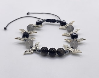 Dark Seraphim Bracelet (silver obsidian, cloudy quartz, hematite, black evil eye)
