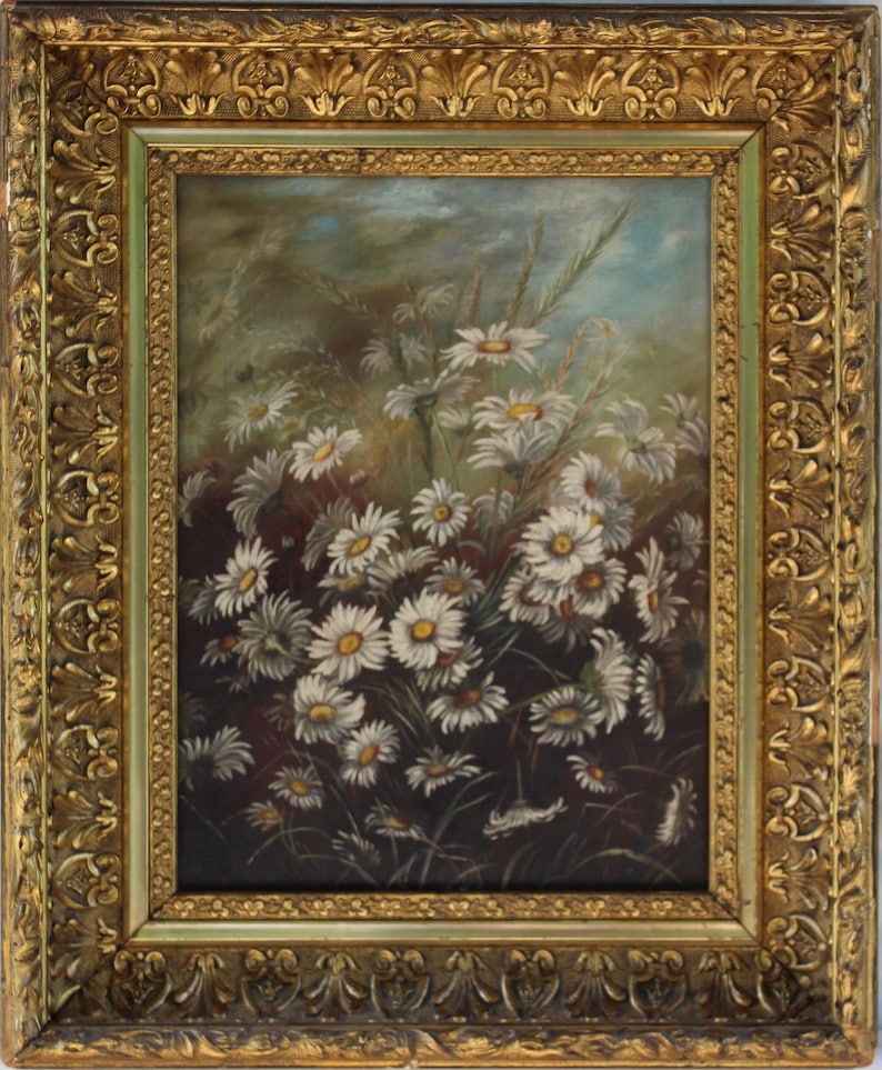 Antique Floral Original Oil Painting Daisies Circa Late 1800s Vintage ...