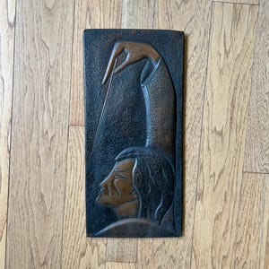 Vintage symphony conductor repousse copper over board mid century design stylized patinated copper wall hanging plaque