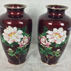 2 Vintage Japanese Red Cloisonne Vases paper labels floral bird design