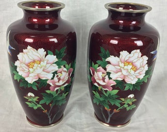 2 Vintage Japanese Akasuke Ginbari Red Cloisonne Vases paper labels floral bird design silver foil