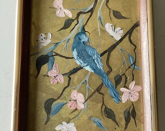 Pájaro y flor de cerezo: acrílico sobre tablero prensado