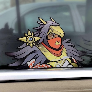 Puede incluir: Una pegatina de dibujos animados de un personaje del videojuego Destiny 2. El personaje lleva un casco dorado con una bufanda roja y naranja. El personaje sostiene una estrella dorada con una gema azul en el centro.