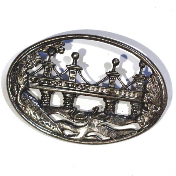 Vintage Hand And Hammer New York City Brooklyn Bridge Full Landscape 2 Swans H&H Dematteo Sterling Whimsical Silver Brooch Pin