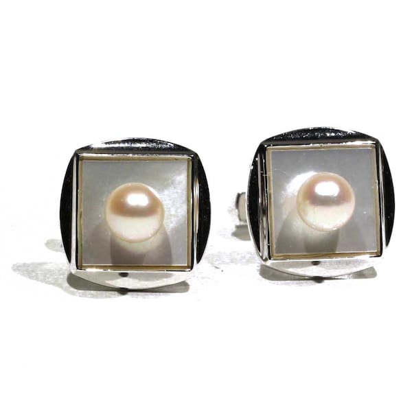 Vintage Sterling Silver Mother Of Pearl MOP And Natural Round White Pearl Two Tone Mad Men Cufflinks