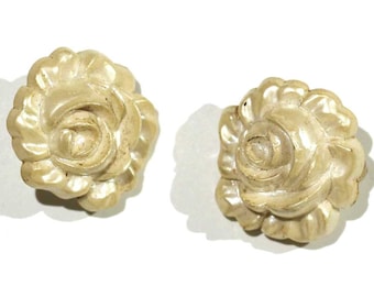 Vintage Cream Celluloid or Plastic 1940s Mid Century Modern Rose Bud Floral Flower Earrings