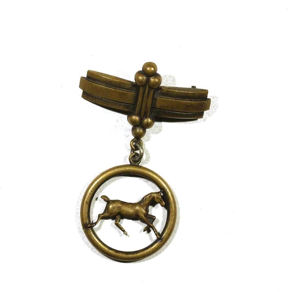 Vintage Whimsical Racing Horse Badge Dangle Swinger Round Brass Brooch Pin