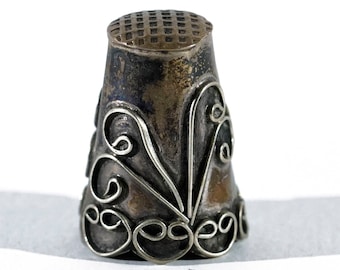 Vintage Taxco Mexico Sterling Silver Sewing Thimble Size - Applique Botanical Floral