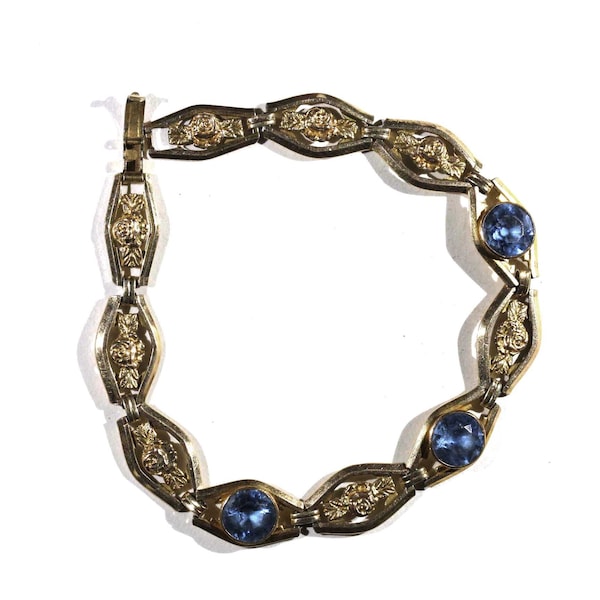 Antique Art Nouveau PRST 1/20 12k Gold Filled GF Blue Rhinestone Botanical Rose Link Bracelet