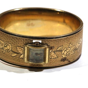 Vicorian LANCRAFT Thick Gold Filled Engraved Roses Floral EVKOB Watch Hinge Bangle Bracelet