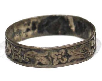 Antique Botanical Floral Scroll Sterling Wedding Silver 925 Band Ring