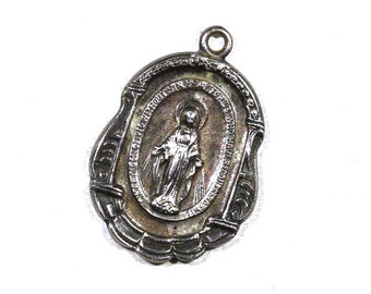 Vintage Virgin Mother Mary Miraculous  Sterling Silver Religious  Charm Medal