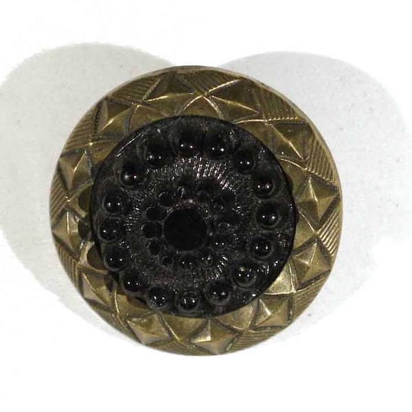 Victorian Art Nouveau Black Gutta Percha Brass Geometric Framed Round Whimsical Brooch Pin