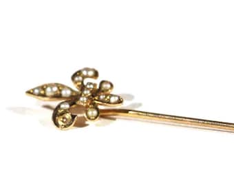 Antique 10k Gold Fleur De Lis Art Nouveau Yellow Gold Seed Pearl Stick Pin