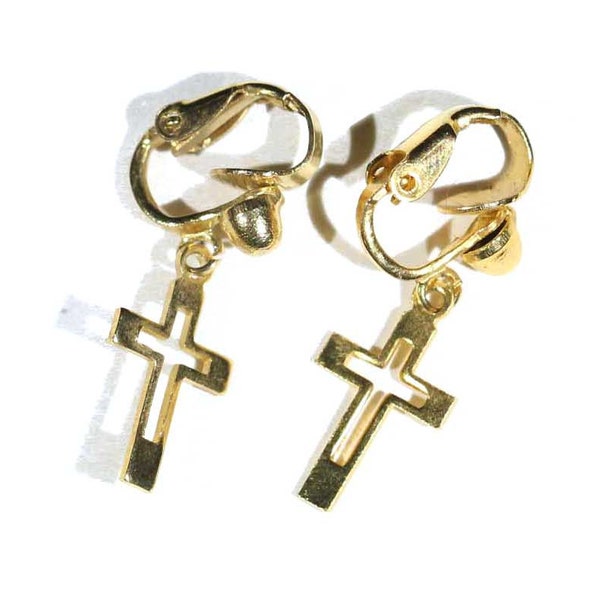 Vintage Goldtone Cross Cut Out Cut Away Cross Jesus Christ Crucifix Religious Earrings