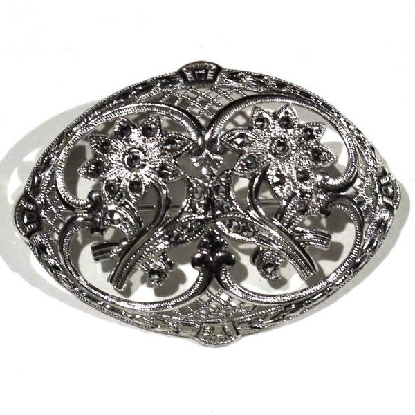 Vintage Sterling Marcasite "Black Diamonds" Intricate Silver Flower Blooming Ornate Frame Botanical Brooch Pin