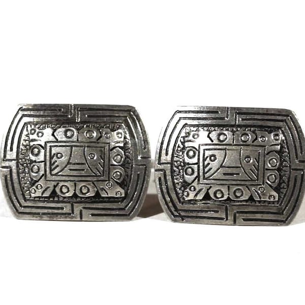 Vintage Mexico Mayan Tribal Applique God Sterling  Round Box Silver Southwestern Cufflinks