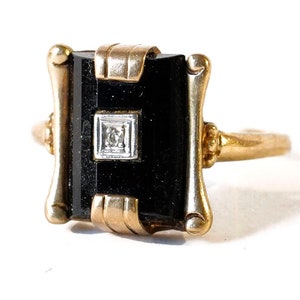 Antique 10k Yellow Gold Art Deco Art Nouveau Claw Set Black Onyx and  Diamond Ring