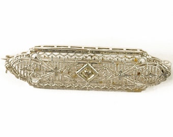 Art Nouveau 10k White Gold Diamond Gatsby Style Filigree Bar Pin -Retro