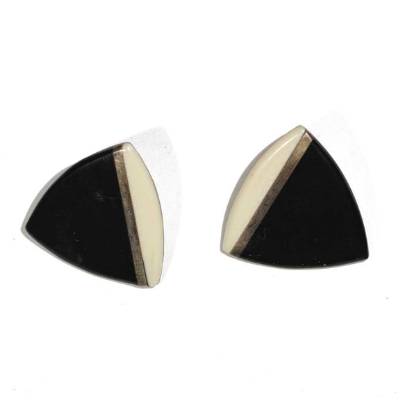 Vintage Black Onyx Round Abstract Modernist Minimalist Silver Earrings