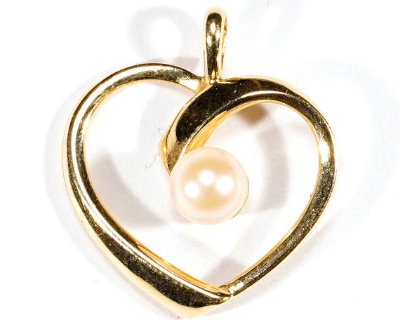 Vintage 14k Yellow Gold Pearl Open Heart Heart Pe… - image 1
