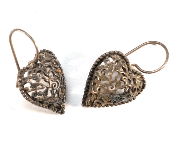 Vintage Silver Open Cut Out Heart Shaped Drop Ear… - image 1