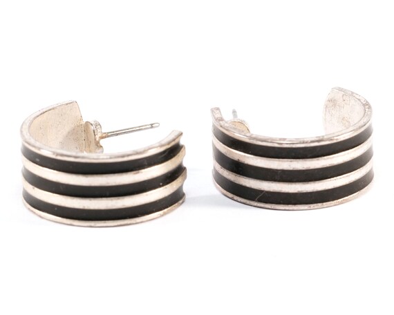 Vintage Silver 3 Black Stripes Half Hoop Curled M… - image 1