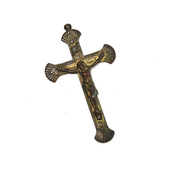 Antique Brass Crucifix Jesus INRI Cross Medal Pendant - Gem