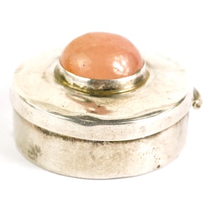 Vintage Mexico Sterling Rose Quartz Round Hinged Silver Trinket Pill Box Case