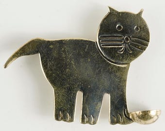 Vintage Sterling Big Cat With Food or Water Bowl Kittens Kitty Cat Double Cat Silver Brooch Pin