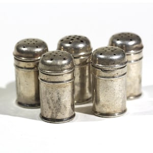5 Piece Small Cute Mid Century Modernist Vintage Salt and Pepper Mini Shakers Sterling Silver Set