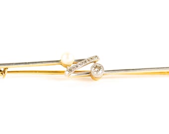 Art Nouveau Style 14k White and Yellow Tow Tone Gold Diamond and Pearl Solid Bar Hallmarked Pin