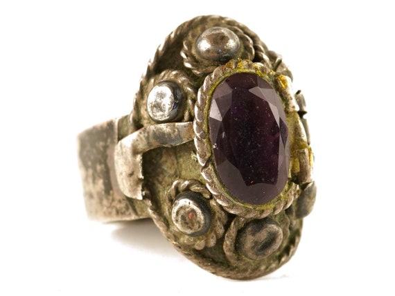 Vintage Sterling Mexico Poison Ring Amethyst Silv… - image 1
