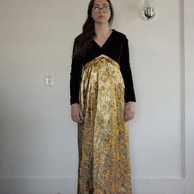 Vintage Crushed Velvet Authentic Handmade 60s Gustav Klimt Psychadellic Style Gold Maroon Zip Back Dress