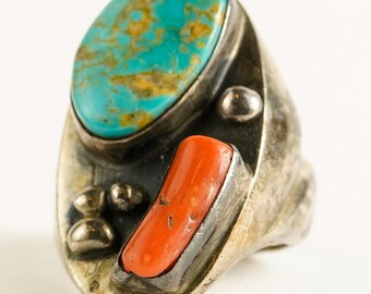 Vintage Old Pawn Navajo Royston Blue Green Turquoise Red Coral Silver Native American Handmade Heavy Mens Southwestern Ring - Size 13