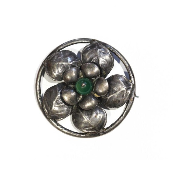 Antique Sterling Art Deco Floral Tulip Rose Bush Framed Flower Botanical Silver Brooch Pin round