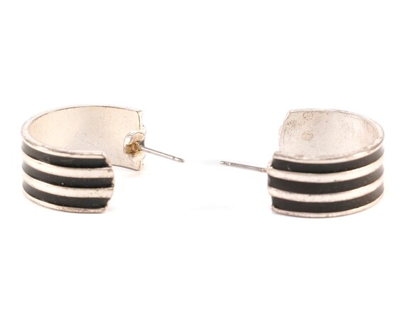 Vintage Silver 3 Black Stripes Half Hoop Curled M… - image 3